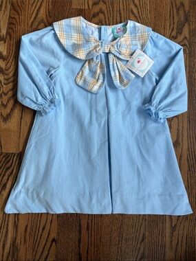 New with tag The Smocked Flamingo Blue and Orange Plaid Corduroy Dress, size 3T
